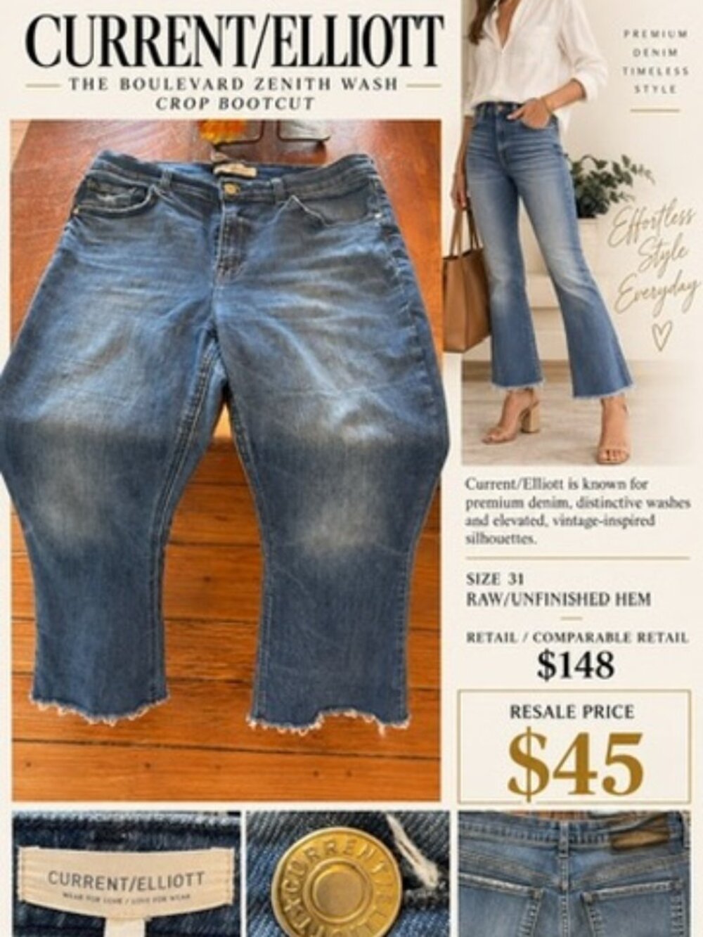 Current/Elliott "The Boulevard "Zenith Wash Crop Bootcut Jean. Sz 31